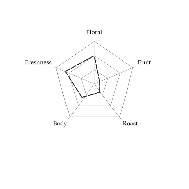 Spider web diagram with labels 'Floral', 'Freshness', 'Fruit', 'Body', and 'Roast' on a green background