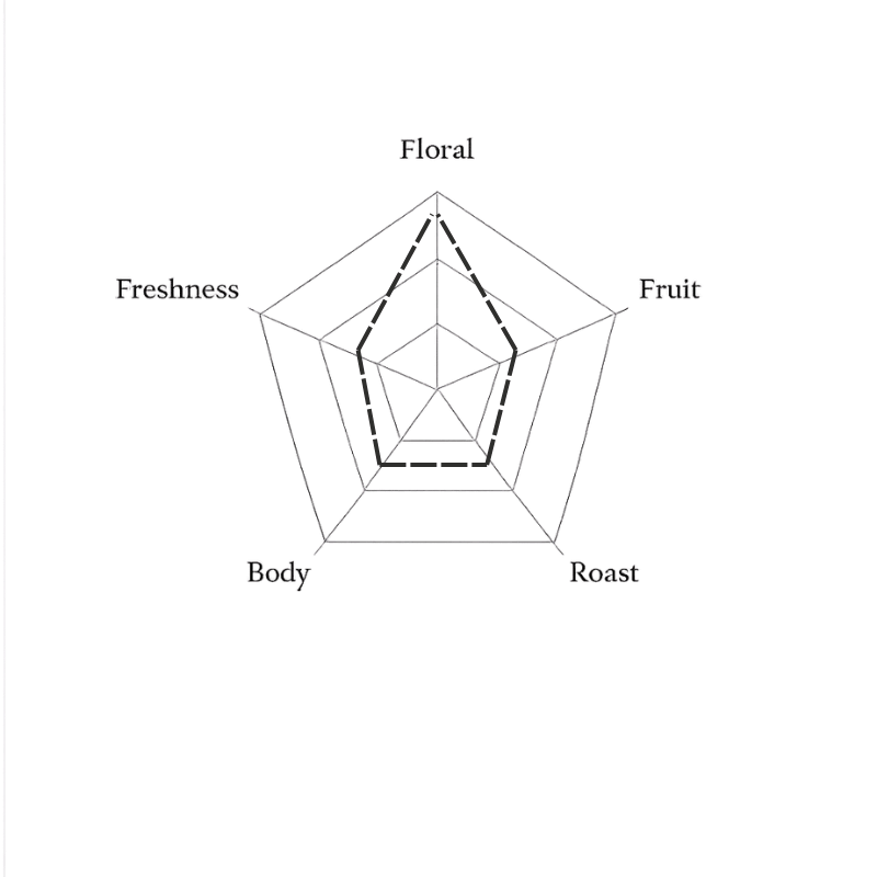 Spider web diagram with categories labeled 'Floral', 'Freshness', 'Fruit', 'Body', and 'Roast' on a green background.